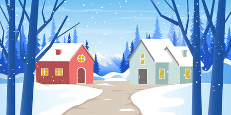 Winter landscape with houses and snowfall. Vector illustration in flat style.のイラスト素材