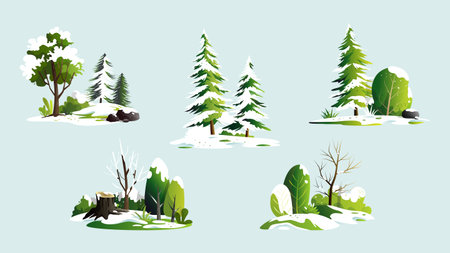 Set of trees in the snow. Winter garden scenery, cartoon style vector illustration.のイラスト素材