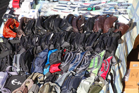 Handbags on a flea market stallの写真素材