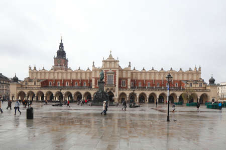 Cloth Hall  and Town Hall Tower on the Rynek with rain, Krakow, Lesser Poland, Poland, Europeのeditorial素材