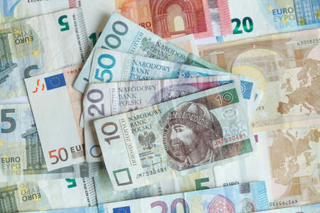 Polish Zloty an Euro Billsの写真素材