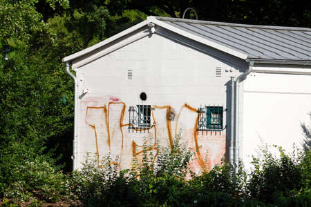 back of an old small house with green plantsのeditorial素材