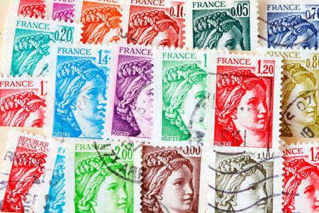 colorful stamped old French stampsの写真素材