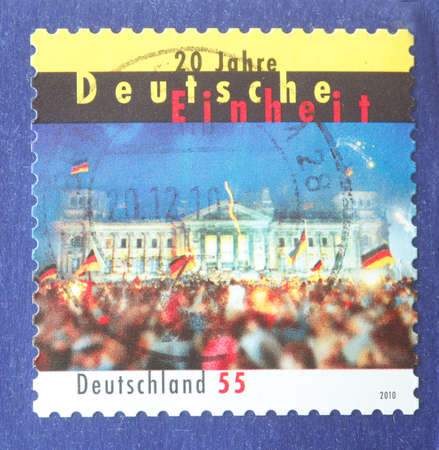 German stamped Postage Stamp Twenty years German Reunion on a Envelopeのeditorial素材