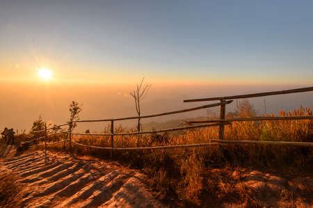 Steps on the mountain at sunriseの写真素材