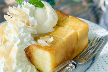 Honey toast with Vanilla icecream and whipped cream