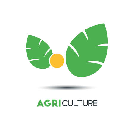 Agriculture logo concept template with two green leaves and sun design.のイラスト素材