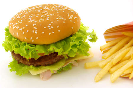 Huge delicious hamburger composition with fries          の写真素材