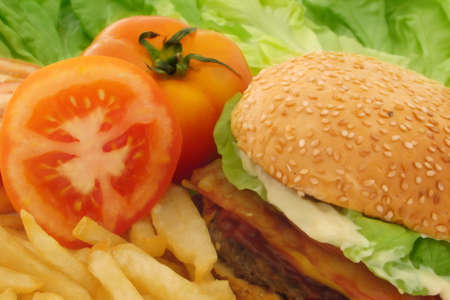 Hamburger fries tomato and lettuce composition   の写真素材