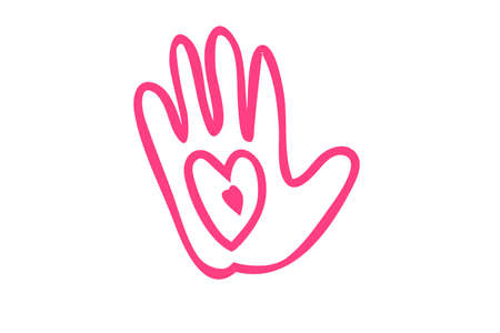 Human hand and heart icon.heart in hand thin line red icon on white background,のイラスト素材