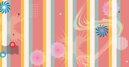 Retro striped background with flowers and geometric elements. Vector illustration.のイラスト素材