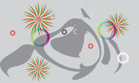 Illustration of a whale with flowers and fireworks in the background.のイラスト素材