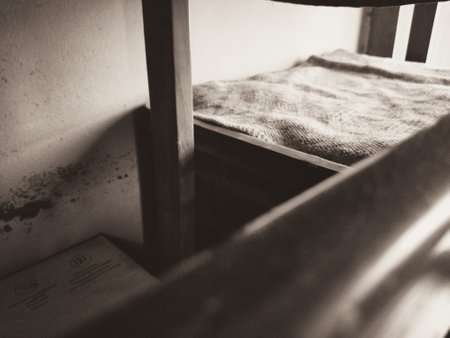 Wooden stairs with a towel on it. Selective focus.の写真素材