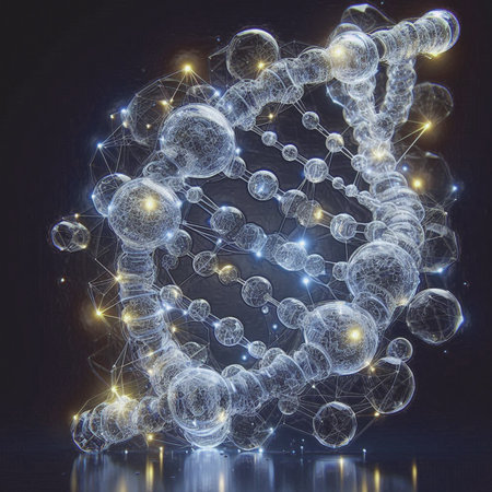 Abstract DNA molecule on a dark background. 3d rendering toned image double exposure