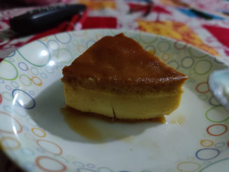 Piece of cheese cake on a plate. Selective focus.