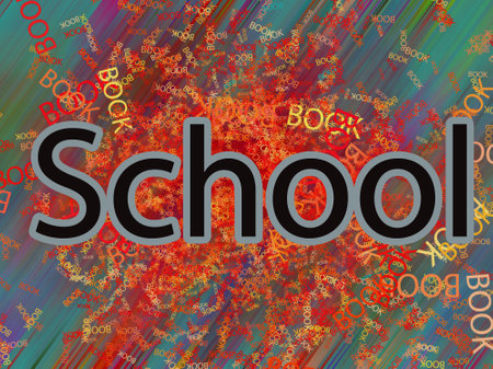 School word on a colorful background with a lot of school items.