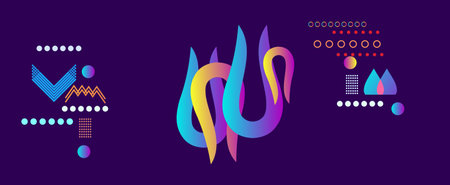 Set of abstract colorful geometric shapes on dark background. Vector illustration.のイラスト素材