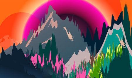 The mountain. Fantasy magical landscape. Vector art painting of hand drawn scenery.のイラスト素材