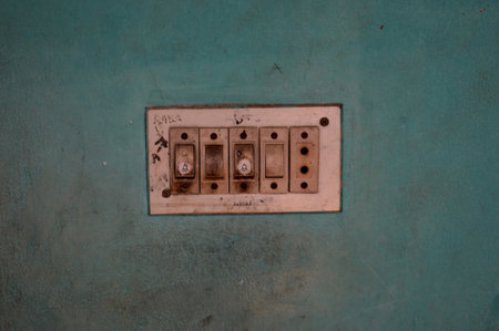 old electric socket on a green background, closeup of photo.の写真素材