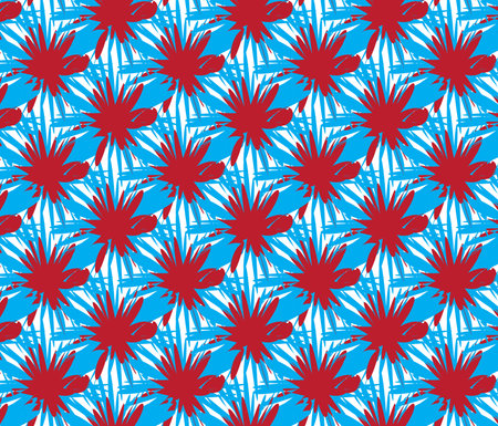 Seamless pattern with palm leaves on a blue background. Vector illustration.