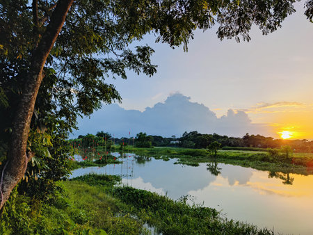 Sunset over the river in the countryside of Thailand, Landscape