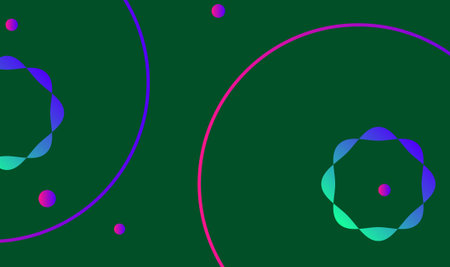 Vibrant abstract design featuring neon gradient rings, circular shapes, and small dots on a deep...