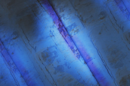 Blue woven fabric background with distressed stains and diagonal folds, offering a rustic, textured...