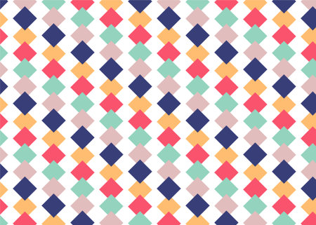 Repeating geometric diamond pattern in bright and pastel tones creates a playful retro-inspired seamless background ideal for wallpaper, textiles, packaging, stationery and contemporary graphic design projects.のイラスト素材