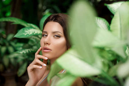 beautiful woman with makeup in the bushes tropics leavesの写真素材