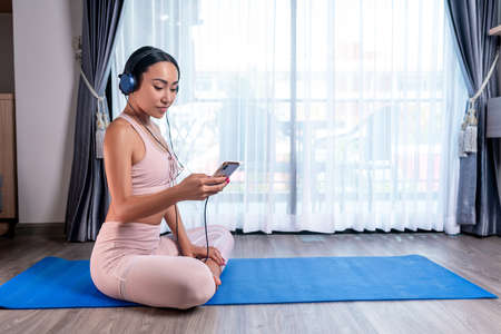 woman yoga fit complex and relaxation at home.の写真素材