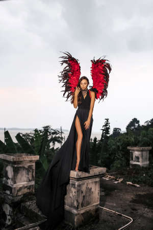 Halloween idea. Woman with red demon wingsの写真素材