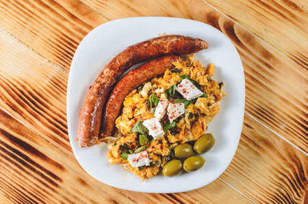 Fried sausage with eggsの写真素材