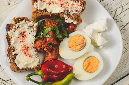 Keto bread, Sausage,  Egg  and Cheese keto diet breakfast photography