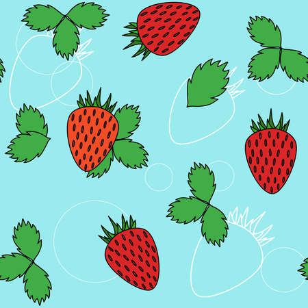 berry seamless pattern. red strawberries with green leaves on a blue background. Vector illustrationのイラスト素材