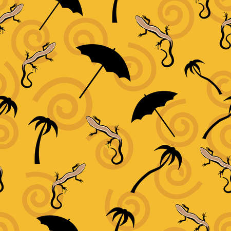 Beautiful lizards, black umbrella and African symbols on a sandy background. Hand-drawn illustration. For printing and editing. . Vector illustrationのイラスト素材