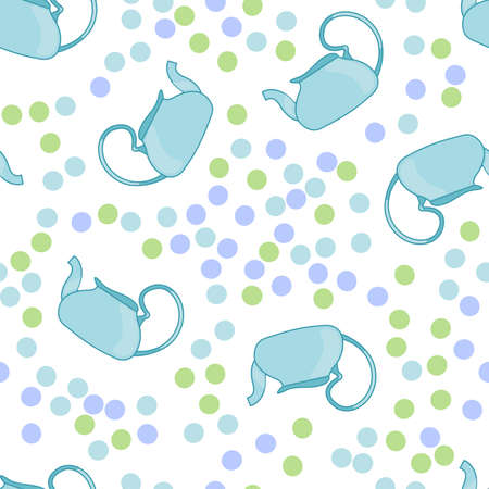 seamless pattern. Glass teapot on a white background with multicolored circles. blue kitchen utensils. vector illustration for fabric and wrapping paper. Vector illustrationのイラスト素材