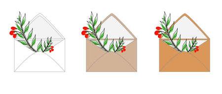 Green sprig of goji berries inside an envelope. On a white background. A set of envelopes of...