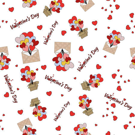 seamless, endless pattern. open cardboard envelopes and cardboard boxes with flying colorful balloons. vector illustration. holiday - Valentine's Day. Vector illustration. For wrapping paper and fabric.Vector illustrationのイラスト素材
