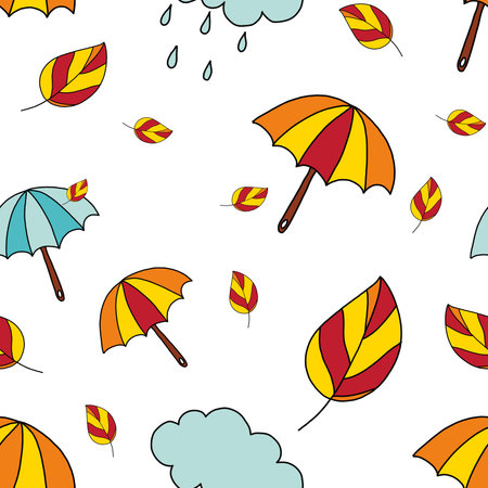 autumn seamless endless doodle-style pattern on a white background. umbrellas and leaves. vector illustration.のイラスト素材