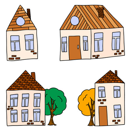 vector set of houses in the style of doodle. brick houses and trees. vector illustration.のイラスト素材