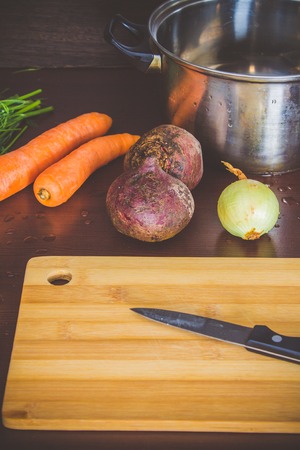 The main ingredients are vegetables for borsch beets, carrots, potatoes, onions . View top. Flat lay