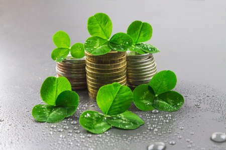 Stacks of Russian coins with clover leaves on a gray background with droplets of water. St.Patrick 's Dayの写真素材
