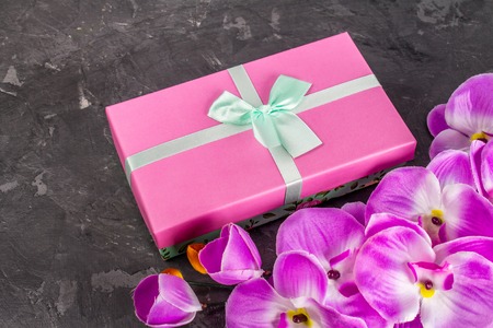 Gift boxes on concrete gray dark backgroundの写真素材