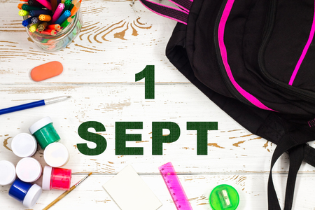 School supplies on a white wooden background with an empty space for inscriptionsの写真素材