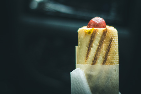 A street hot dog in his hand. Snack in the car.の写真素材