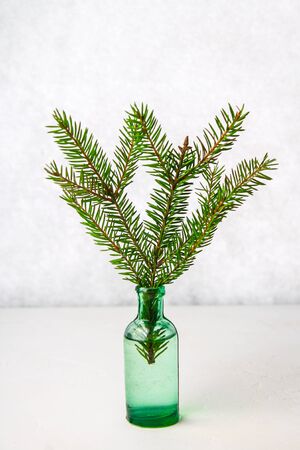 Christmas decorations on the table, spruce branch in the bottleの写真素材