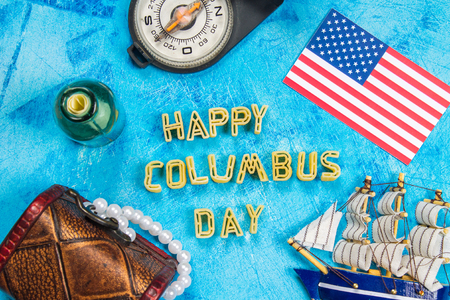 Happy Columbus Day text. Concept of the US holiday. The discoverer of America. Holiday States.の写真素材