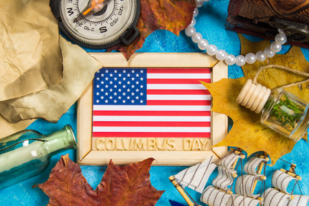 Happy Columbus Day text. Concept of the US holiday. The discoverer of America. Holiday States.の写真素材