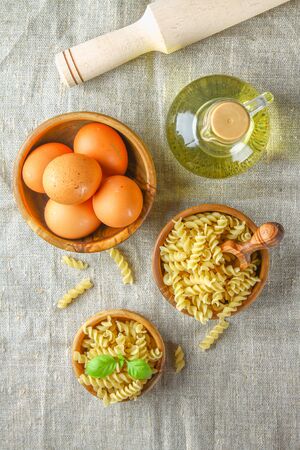Helix- or corkscrew-shaped pasta. Rotini macaroni. Related to fusilli, but has a tighter helix, i.e. with a smaller pitchの写真素材