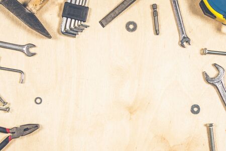 Joinery tools on plywood. Place for the text. A concept for Father's Day. Top view. Flat laying.